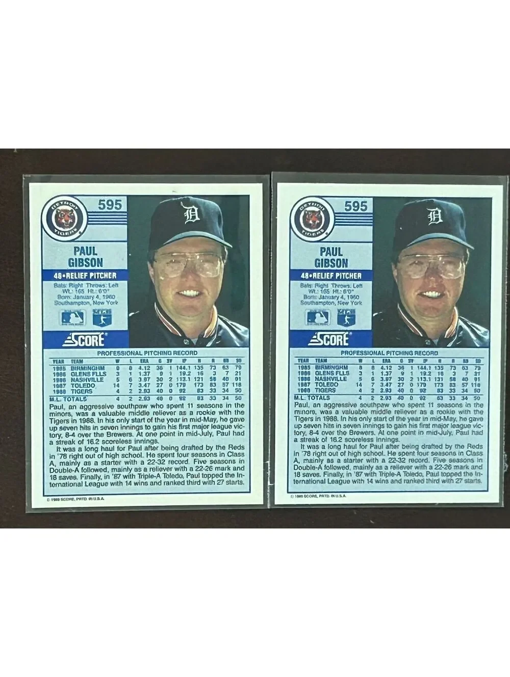 PAUL GIBSON 1989 SCORE RC #595 RARE ERROR HAND ON CROTCH IN BACKGROUND 2 NM LOT